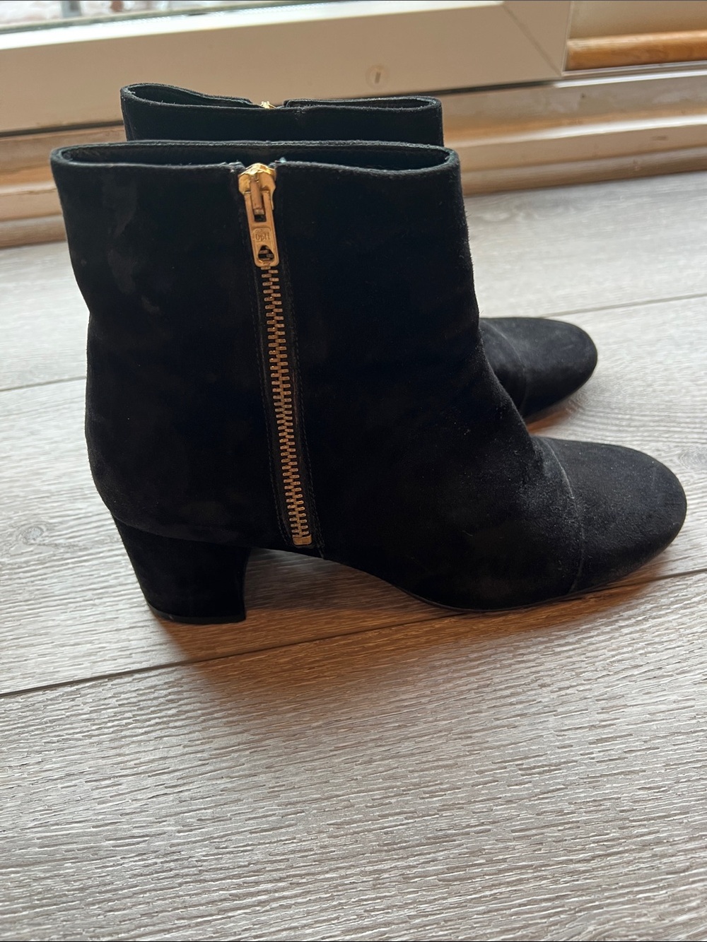 J. Crew Black Suede Ankle Boots with Gold Zipper